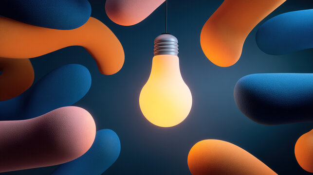 lightbulb. A glowing lightbulb surrounded by floating abstract shapes, radiating warm light against a dark gradient background. STEM education sheets. - Powered by Adobe
