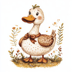Adorable duck with ribbon bow, cute farm bird illustration in rustic countryside autumn style, whimsical children’s art for nursery prints, books and seasonal design