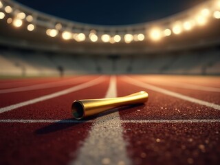 Relay baton resting on red running track with white lane marking