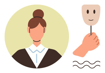Woman with professional attire and calm expression contrasts with smiling mask in hand. Ideal for identity, emotion, mental health, inner conflict, authenticity, self-perception, and psychology