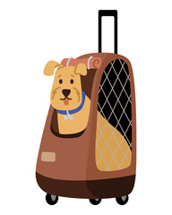 Dog sitting in a pet carrier flat vector illustration isolated on white.