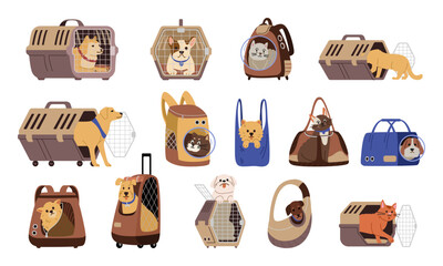 Different cats and dogs inside pet carriers flat vector illustrations set isolated on white. Travelling with pet safely.