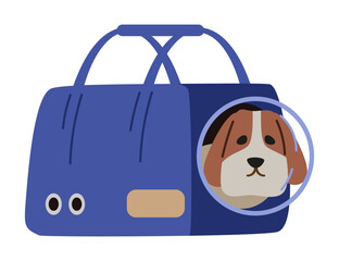 Puppy laying inside pet carrier bag flat vector illustration isolated on white.