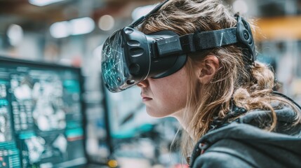 Young woman immersed in virtual reality, using vr headset, working with technology in a modern tech office during the daytime