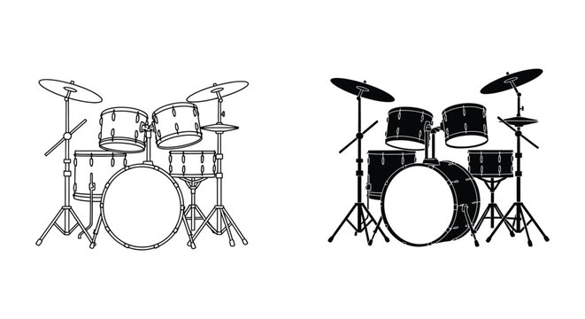 Black and white line art illustration of a complete drum set