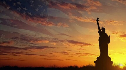 Statue of Liberty silhouetted against a vibrant sunset with an American flag background in New York City