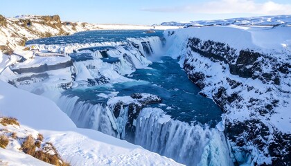 Winter waterfall cascading over basalt cliffs