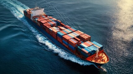 Fototapeta premium Container ship sailing through the ocean with colorful cargo boxes during a clear day in the afternoon light