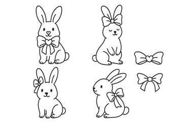 Set of cute Valentine's Day holiday bunnies with bows and ribbons. Vector linear hand-drawn illustration. Isolated elements in freehand doodle style for kids and Easter.