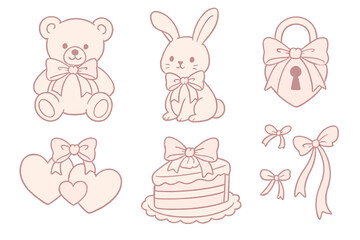 Set of cute teddy bear, bunny, heart lock, intertwined hearts, cake with elegant bows and ribbons, vintage pastel pink hand-drawn clipart collection, girly vector illustration