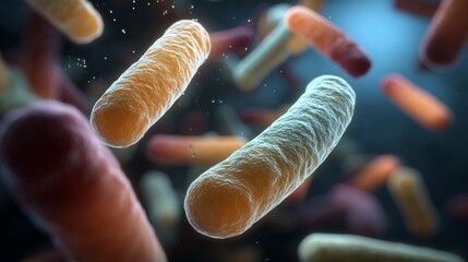 Colorful bacteria cells interacting in a microscopic view under dark surroundings and illuminated by blue light