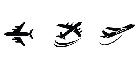 Collection of sleek, modern airplane icons depicting air travel, aviation, and rapid transport, ideal for digital interfaces, journey planning, and global logistics presentations