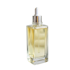 Square bottle with dropper filled with yellow liquid isolated on transparent background