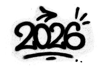Urban graffiti spray paint 2026 on white background, grunge style street art with bold black numbers, new year concept, spray paint illustration, vector cartoon design, transparent background