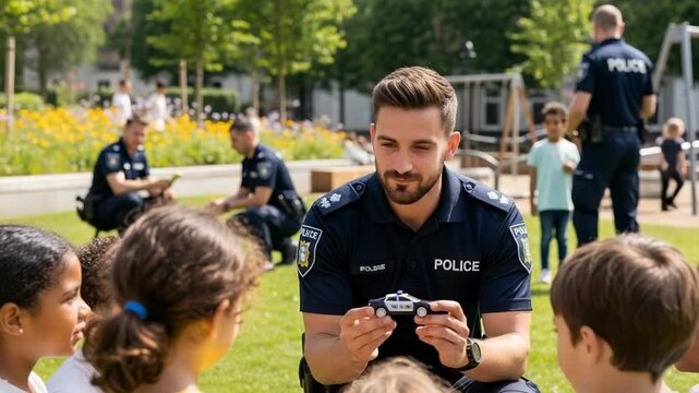 Police Officer Engaging with Children in Community Park Outreach Program