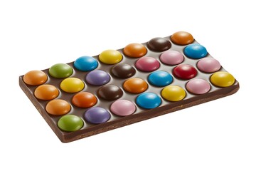 Delicious chocolate bar with colorful candy coated buttons perfect for a sweet treat and confectionery indulgence isolated on white