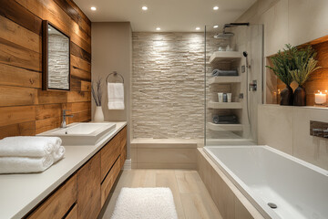 Fototapeta premium White bathtub in wood-paneled bathroom.