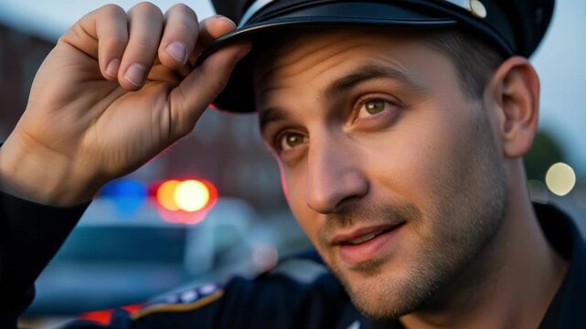 Handsome Young Male Police Officer Smiling In Uniform On Urban Street At Dusk