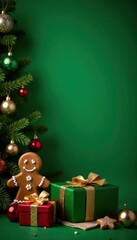 Festive green backdrop, presents, gingerbread, baubles, wintergifts, flatlay, december