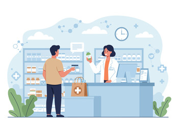 Vector illustration of a man buying medicine