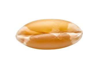 Close-up view of a single wheat kernel, highlighting its intricate textures and golden hue against a stark black backdrop.