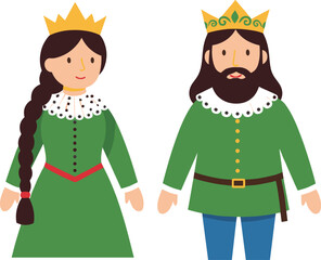 Cartoon king and queen illustration, royal couple artwork, medieval costume design, crown characters vector, fantasy monarchy drawing for storybook projects