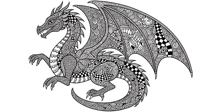 Zentangle patterned dragon drawing, decorative mandala style, black and white, isolated white background