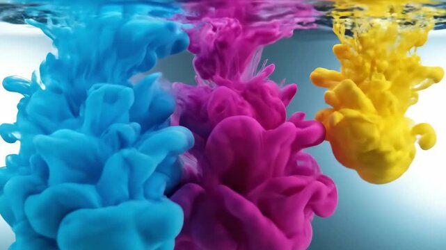 Amazing color swirls on water, glass view of mixing colors, blue magento and yellow colors, satisfaction relaxing video