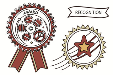 Collection of award and recognition badges with stars and ribbons
