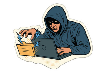 Hacker in a dark hoodie stealing confidential data from a laptop computer folder. Cyber attack, internet crime, phishing, and online fraud concept. Torn paper sticker vector.