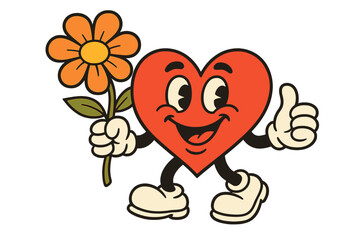Retro groovy heart character with a flower. Happy cartoon mascot in traditional 70s toon style giving a thumbs up. Nostalgic comic vector for Valentine's day card or print.