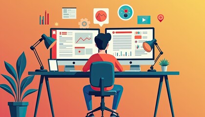 Person Working at Desk with Dual Monitors Displaying Data Analytics and Graphs in Modern Office Setup with Green Plant