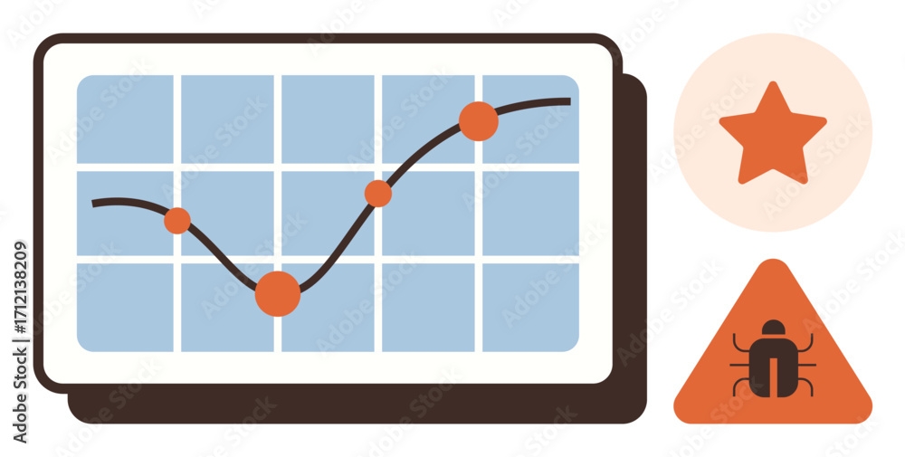 Poster line chart on screen tracking trends, star for quality rating, and bug warning icon for software iss
