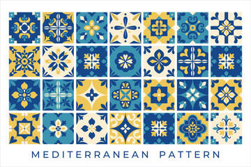 Mediterranean pattern card. Mediterranean horizontal background, cover, flyer. Italian, Portuguese, Greek traditional style. Blue and yellow abstract mosaic, patchwork. Interior design. Vector.