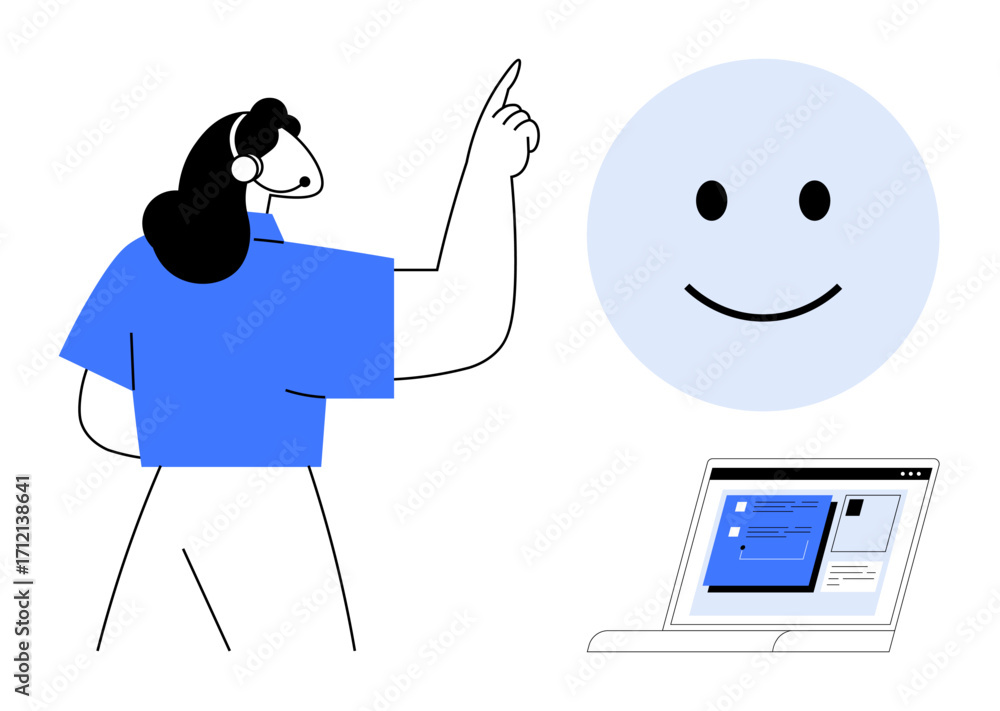 Poster person wearing headset pointing at a smiling face above a laptop screen displaying a webpage. ideal 