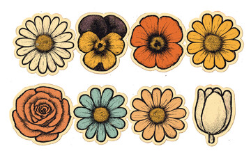 Vintage spring flowers set, collage of detailed flower heads in top view with minimalism aesthetic, retro bitmap style, scrapbook elements, trendy floral stickers collection