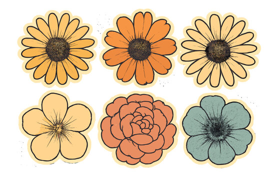 Vintage spring flowers set, collage flower heads top view, minimalism aesthetic, retro bitmap scrapbooking style, trendy floral stickers, dotted elements, botanical illustrations - Powered by Adobe