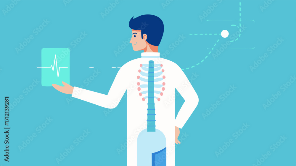 Poster 3d spine alignment check a doctor manipulating a holographic spine model to assess alignment with di