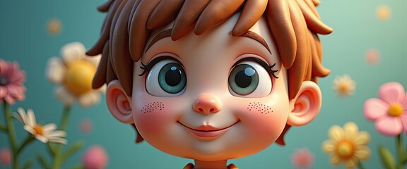 Cheerful cartoon child with brown hair and big eyes, surrounded by colorful flowers, smiling warmly against a bright, whimsical background