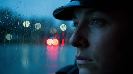 Cinematic portrait of a pensive female officer looking out a car window at city lights on a rainy night. - Powered by Adobe