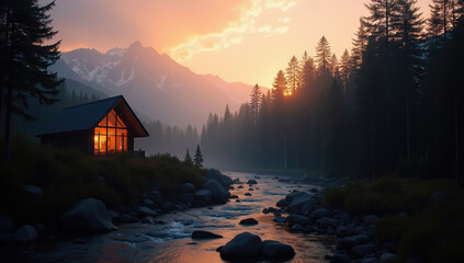 A-frame cabin by a river in a mountain valley at sunset. Scenic landscape for a wilderness retreat and nature getaway.
