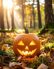 Halloween pumpkin in autumn forest