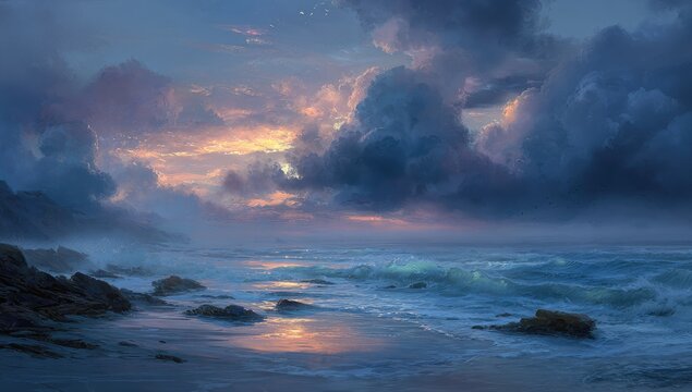 Coastal sunset, dramatic clouds, tranquil scene
