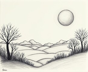 Tranquil Landscape with Rolling Hills, Bare Trees, and a Large Sun, in Black and White Pencil Sketch, Artistic Drawing of Serene Nature Scene