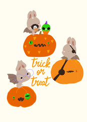 Funny Bats sitting on Pumpkins. Happy Halloween