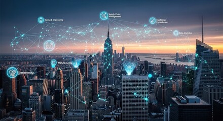 Futuristic new york city skyline with glowing data points and network connections at sunset, showcasing technology and innovation