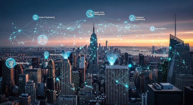 Futuristic new york city skyline with glowing data points and network connections at sunset, showcasing technology and innovation - Powered by Adobe