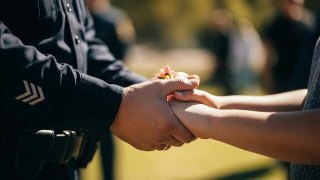 Caring Gesture Between Police Officer and Child in Community Interaction