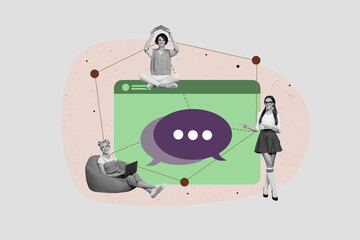 Fototapeta premium Creative full art collage of happy girl guy stand communication icon dialogue conversation speech distance chat discussion