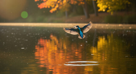 Fototapeta premium Kingfisher in flight with a fish over a lake with autumn reflections. Wildlife action shot of a bird hunting in its natural habitat.